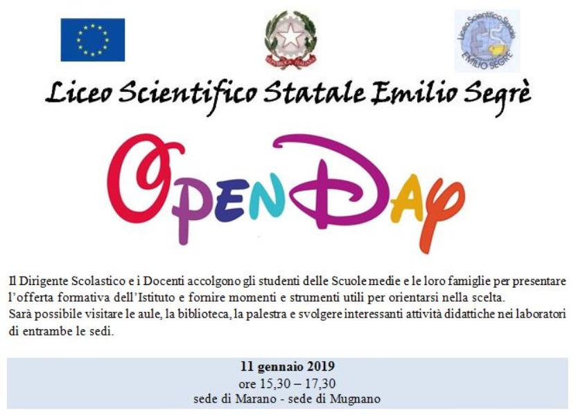 Open Day al Segrè: venerdì 11 gennaio 2019
